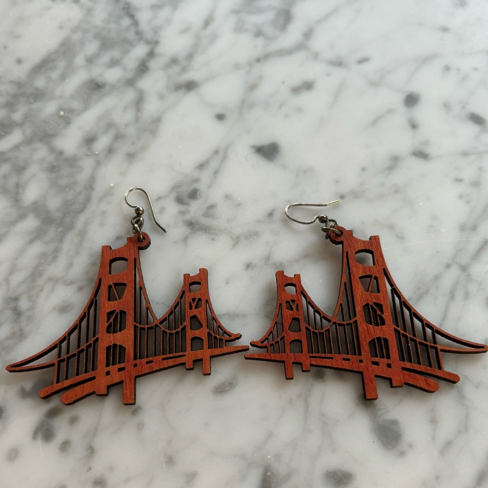 Laser Cut Wood Golden Gate Bridge Earrings